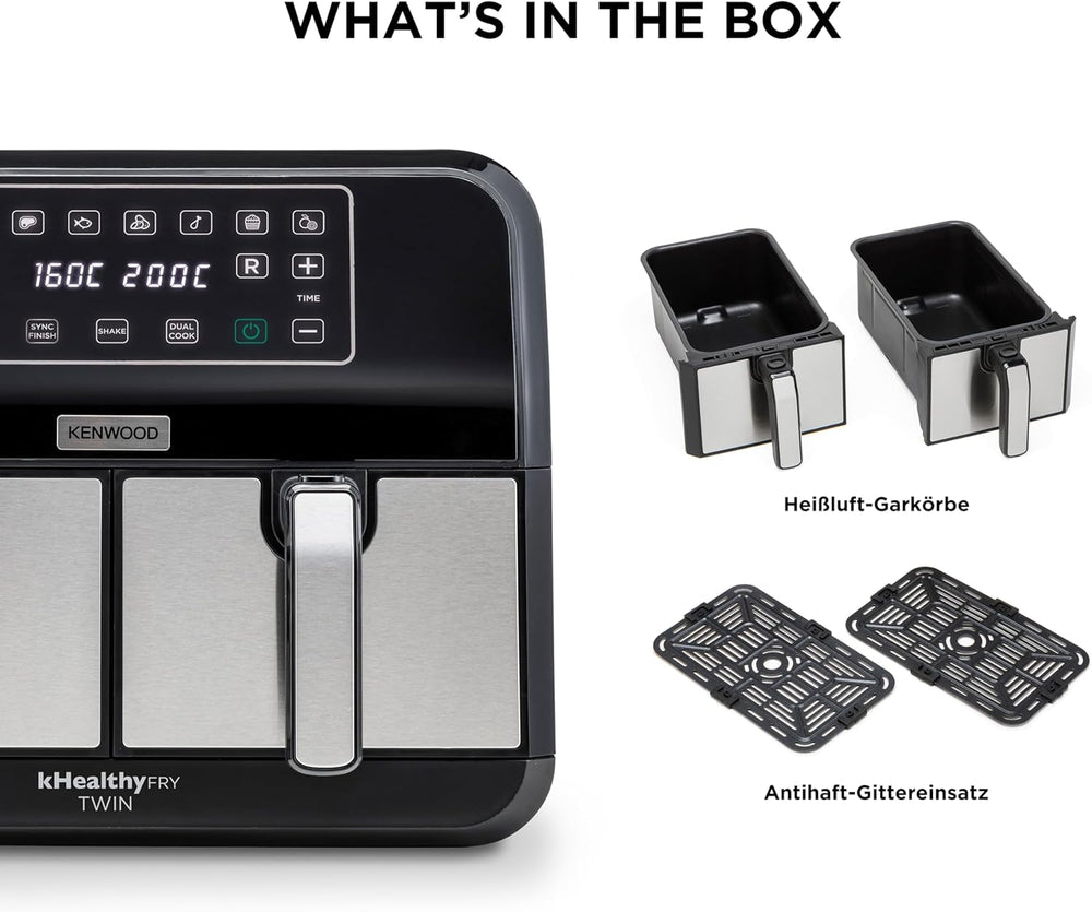 Kenwood Khealthy Twin Airfryer, 8L (2X4L), dvoukomorová, 8 programů, funkce Dual Cook & Sync Finish, dotykový displej Spotřebiče Naty Shop