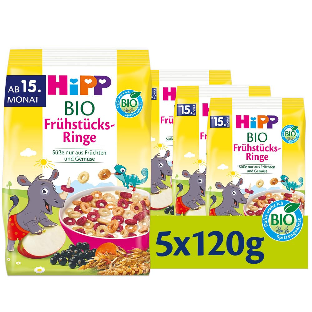 HiPP bio snídaňové kroužky (5 x 120g), müsli pro děti od 15 měsíců, slazené pouze ovocem a zeleninou, v nejlepší bio kvalitě