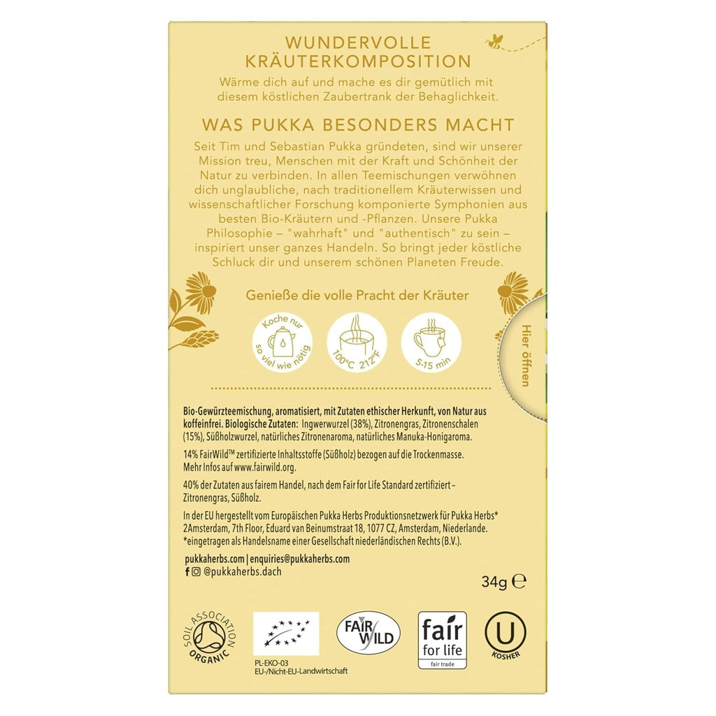 Pukka | Amestec de ceaiuri aromatizate bio „Lămâie și ghimbir cu o notă fină de miere de Manuka” | Încălzește-te și relaxează-te cu acest ceai | Pachet de 1 | 20 pliculețe de ceai