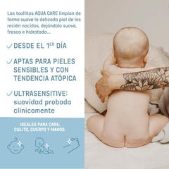 Suavinex Aqua Care Baby vlhčené ubrousky Čistící ubrousky pro 60 kusů 99% voda Rostlinná vláknina Aloe Vera Bez vůně Bez alkoholu Dermatologicky testováno Vhodné pro citlivou pokožku