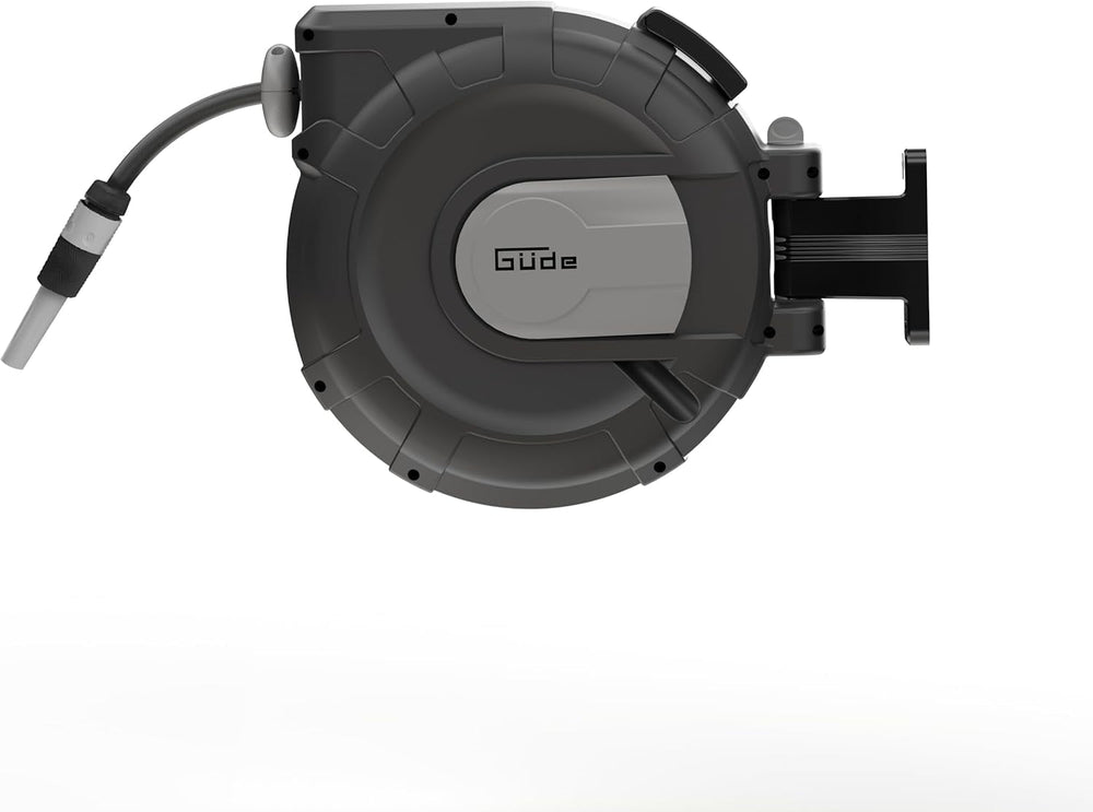 Rolă automată pentru furtun Güde 20-2-2 1/2 (pentru montare pe perete, rotire la 180°, furtun de 20 m, pulverizator de apă, suport de perete, retragere automată, opritor retragere, mâner de transport, 2 cuplaje rapide)