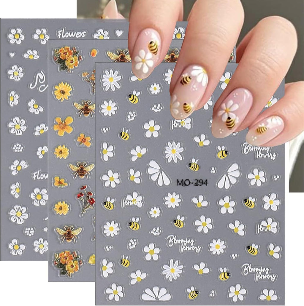 3 Stück Nagelsticker Set-Selbstklebende Nagelfolie Mit Blumen- Und Bienenmotiven-Nail Art Sticker Für Kreatives Nageldesign-Nageltattoos Und Zubehör