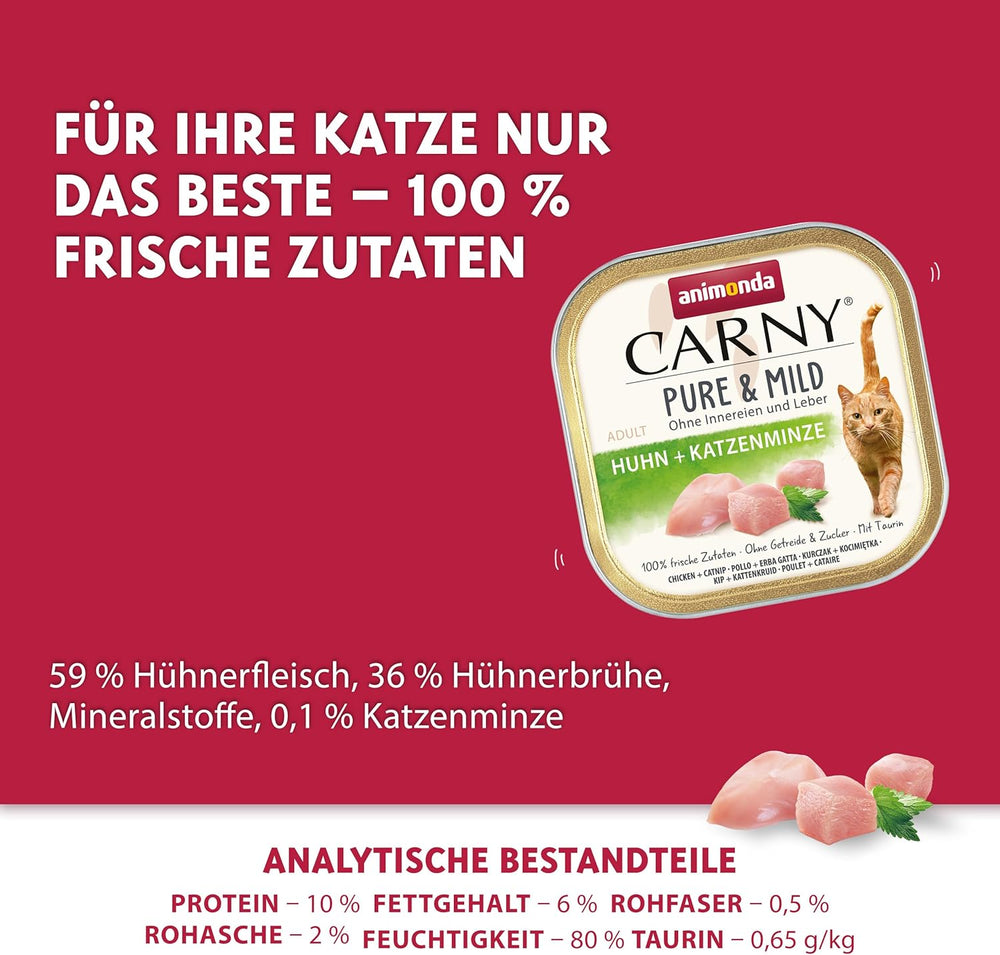 Hrană umedă pentru pisici Adult Pure & Mild cu pui și catnip (32 x 100 g), pentru pisici sensibile, fără cereale și fără zahăr, hrană umedă ușor digerabilă cu pui