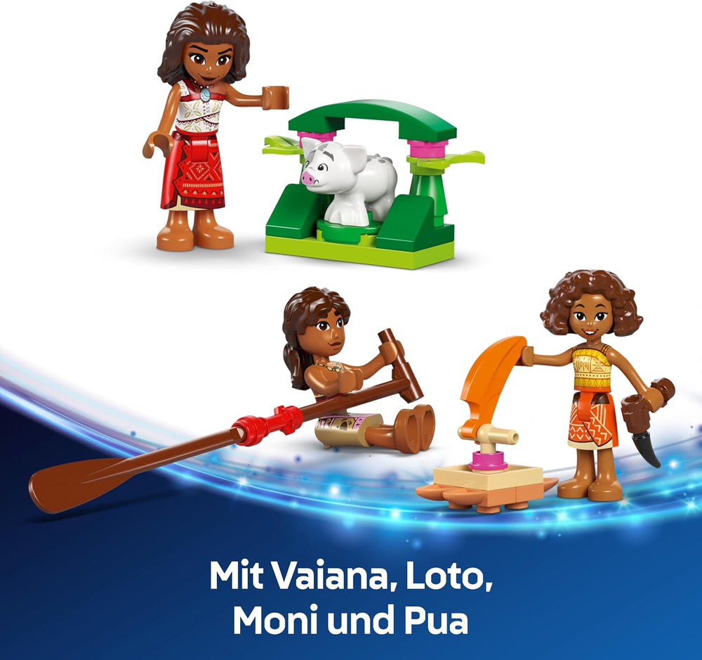 LEGO ǀ Disney Vaiana 2: Vaianas Abenteuerfloß - Botička s textilním pouzdrem, abnehmbarem Deck, Lagerfeuer a 3 minifigurky, vč. Loto und Moni – Geschenk für Mädchen ab 6 Jahren & Fans – 43270