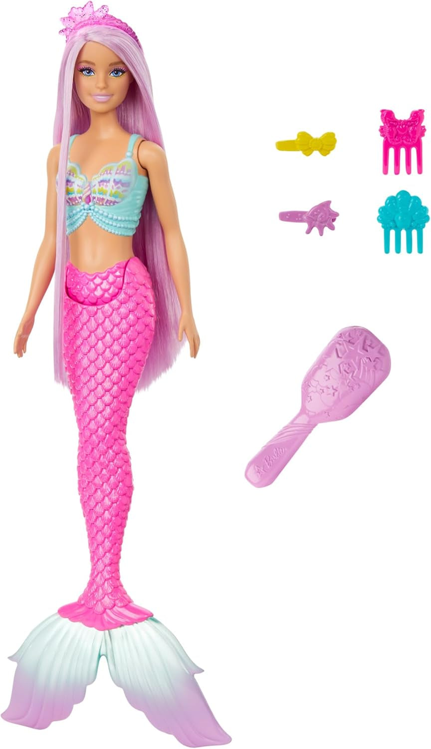 Barbie Meerjungfrauen-Puppe - mit Langen rosa Haaren und Accessoires für individuelles Styling, inklusive Bürste, wunderschönes Muscheloberteil und Pinker Schwanzflosse, für Kinder ab 3 Jahren, HRR00