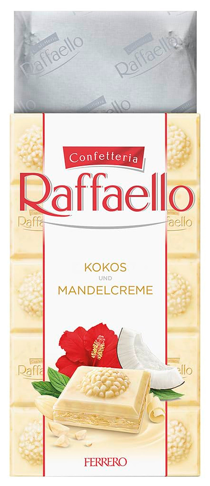 Čokoládová tyčinka Ferrero Raffaello - valentýnský dárek pro něj a pro ni - bílá čokoláda s kokosovým krémem a mandlemi - 1 čokoládová tyčinka x 90 g