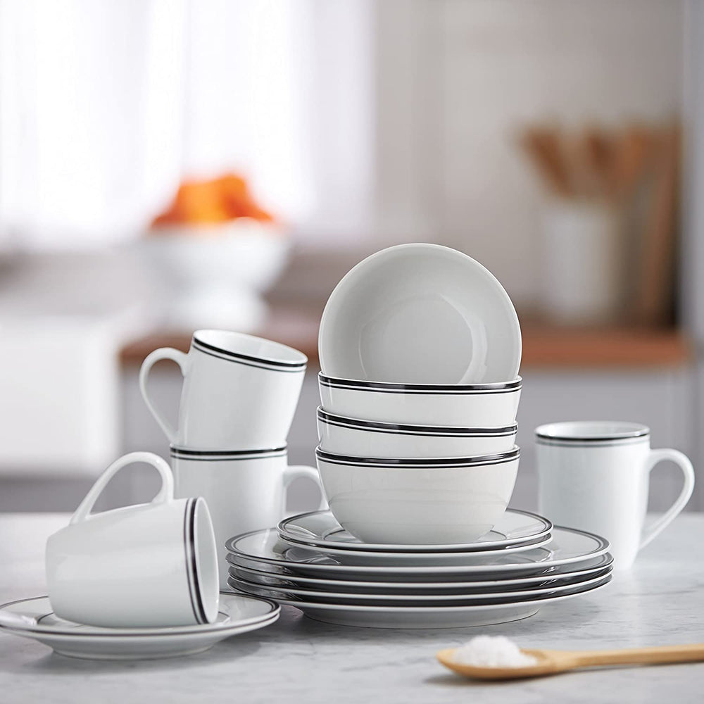 Set de veselă Amazon Basics Cafe cu margine neagră, 16 piese, pentru 4 persoane