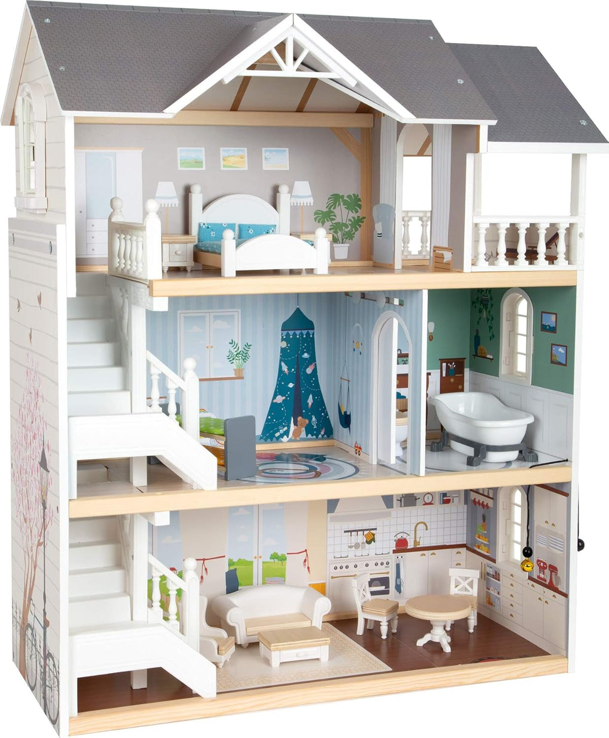 Casă de păpuși Small Foot Vilă de oraș din lemn, cu 3 etaje, față deschisă și 12 mobilier, pentru copii de la 3 ani, 11802, alb gri Casute de papusi Naty Shop Vilă de oraș