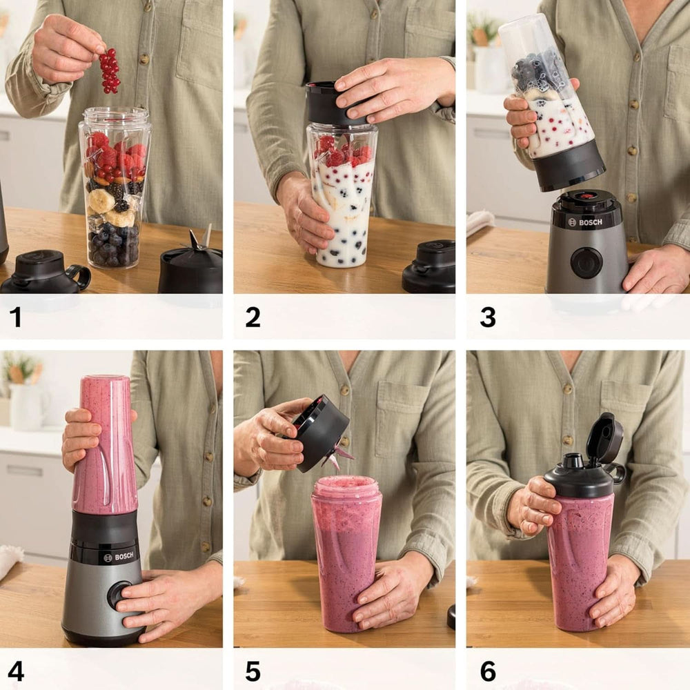 Bosch Mini-stojanový mixér Vitapower Serie 2 MMB2111S, vysokorychlostní mixér, Bis Zu 40 000 ot./min., Tritan Togo-Flasche 0,6 L, Trinkdeckel, Bruchsicher, Spülmasch.Geeignete Teile, 450W, Silberty Shopwarz Kitchen