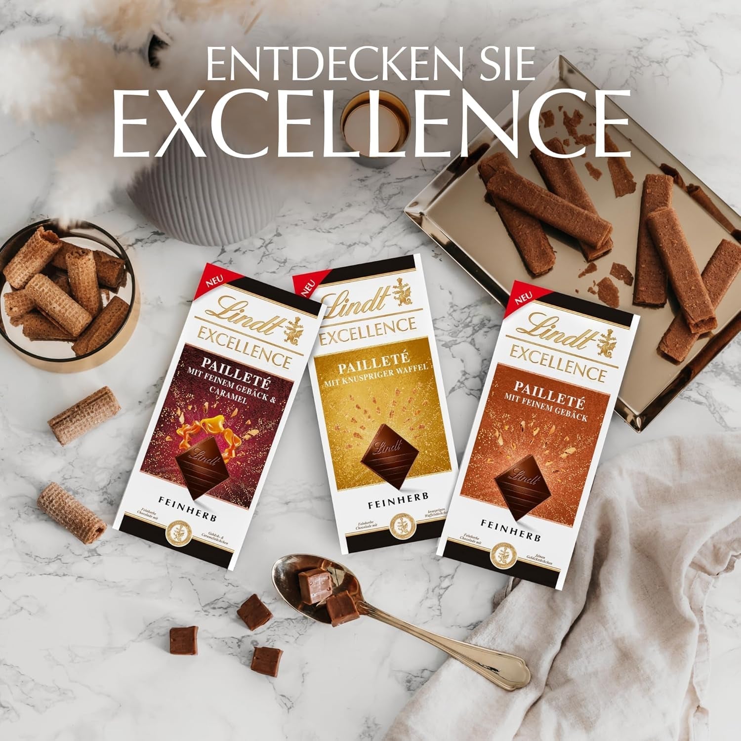Lindt EXCELLENCE Pailleté Biscuits & Caramel - Ciocolată fină cu tartă, 100 grame Bomboane de Ciocolata Naty Shop