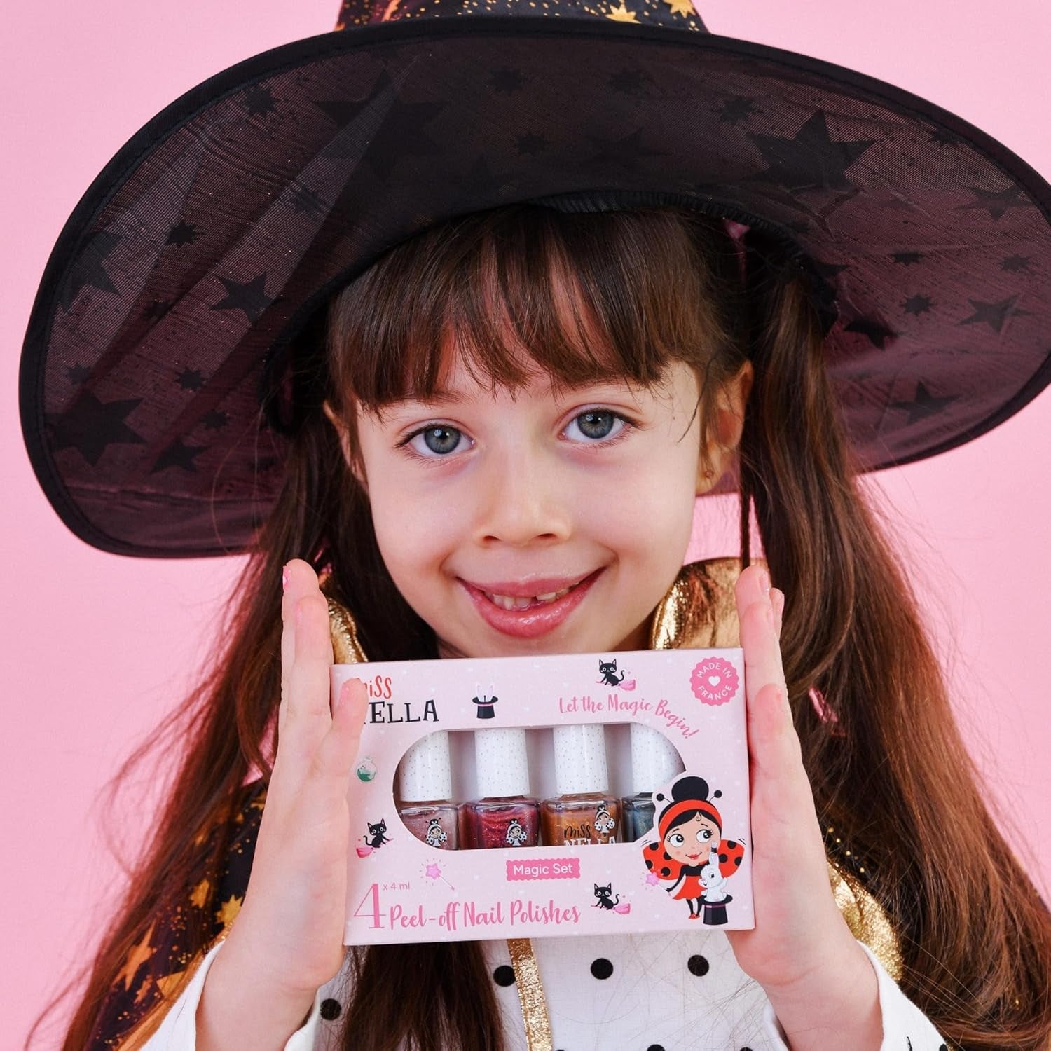 Sada 4dílných třpytivých laků na nehty Miss Nella Magic Collection: růžový, červený, zlatý a modrý, dětský speciální snímatelný lak na nehty, netoxický, na vodní bázi, bez zápachu