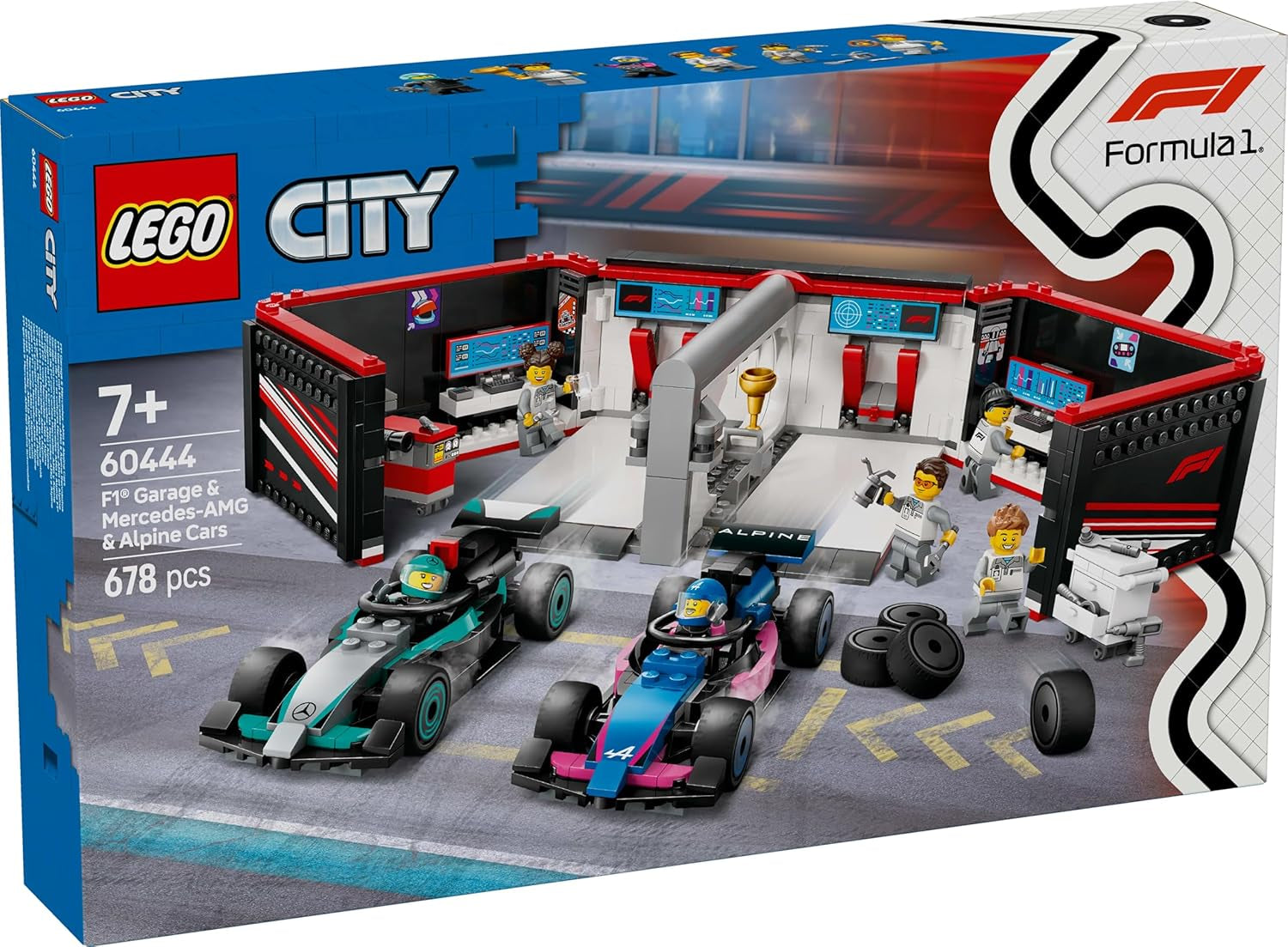 LEGO City garáž F1 se závodními auty Mercedes-Amg a Alpine - Závodní auto Formule 1 se 2 řidiči a 4 mechanickými minifigurkami - Dárek pro chlapce a dívky 7+ a fanoušky 60444 Stavebnice Besuche den LEGO-Store