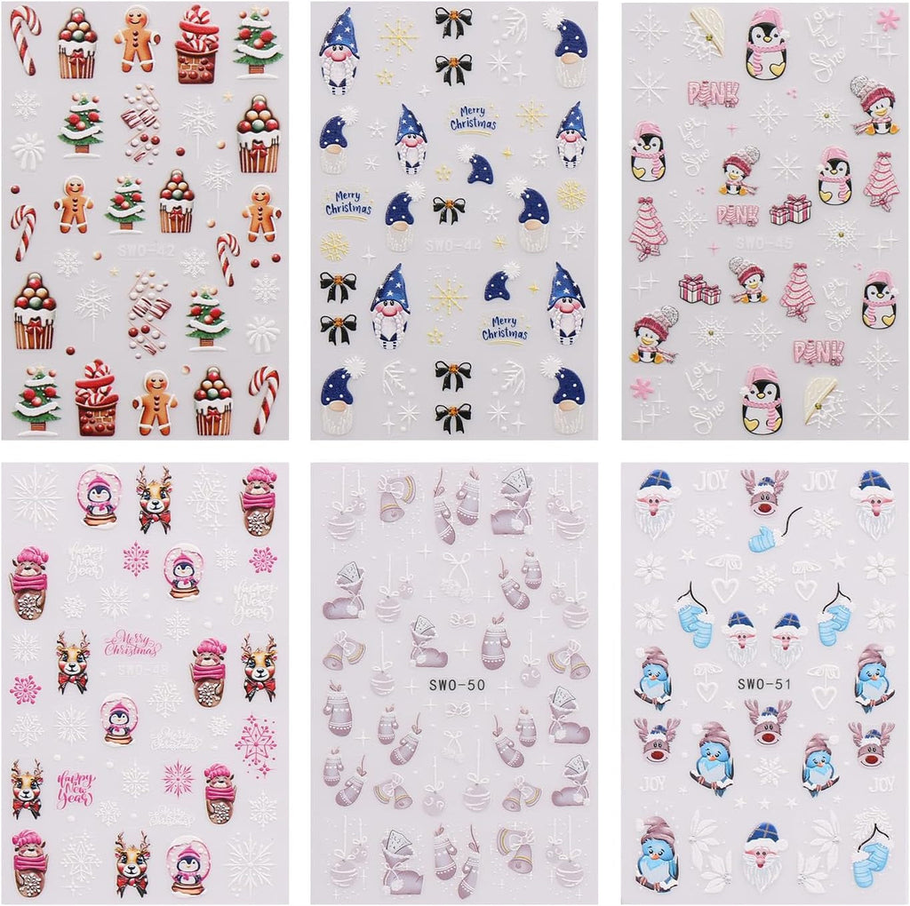 JMEOWIO Nagelsticker Weihnachten 6 Blatt Nail Art Sticker Selbstklebend Nagelaufkleber Schneeflocke Winter Urlaub Süß Dekoration Nageldesign Zubehör