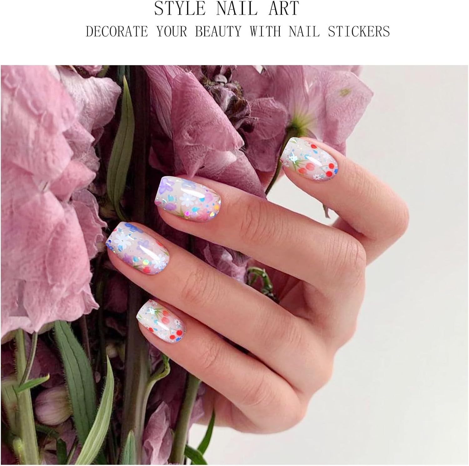 JMEOWIO Nagelfolie UV Härtend Bunter Blumenglitzer UV Gel Nail Strips Nagelsticker Nagelaufkleber Nail Art Dekoration Nageldesign Zubehör