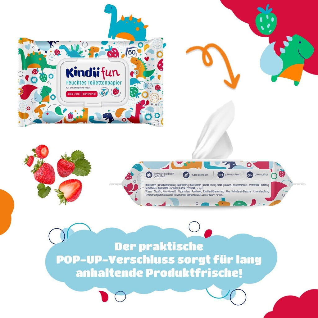 Hârtie igienică umedă Kindii Fun - (10X60 bucăți) Hârtie igienică umedă - Mușețel, Aloe Vera, Ph-Neutru, Vărsabilă, Reîmprospătează zona intimă - 600 bucăți