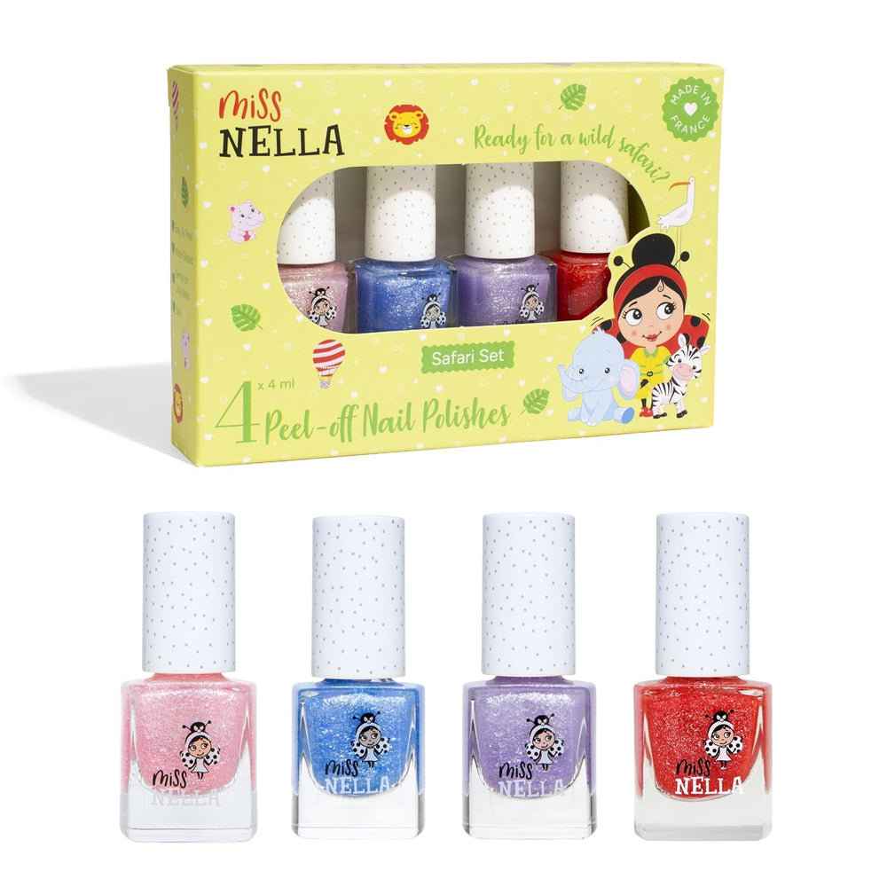 Sada 4dílných třpytivých laků na nehty Miss Nella Magic Collection: růžový, červený, zlatý a modrý, dětský speciální snímatelný lak na nehty, netoxický, na vodní bázi, bez zápachu