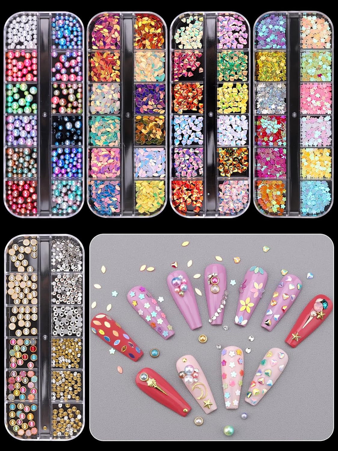 EBANKU Nail Art Strass Kit Multi Design Zubehör Mit 1 Pinzetten 1 Stück Wachsstifte Deko Diamanten Kristalle Perlen Edelsteine Bunt Pferdeaugen Strass Metall Nieten Für Nagel DIY (1 Stück (10Er Pack))