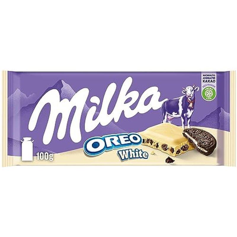 Milka Oreo Sandwich – čokoláda z alpského mléka, plněná křupavými kousky Oreo sušenek a jemným vanilkovým krémem – 92g