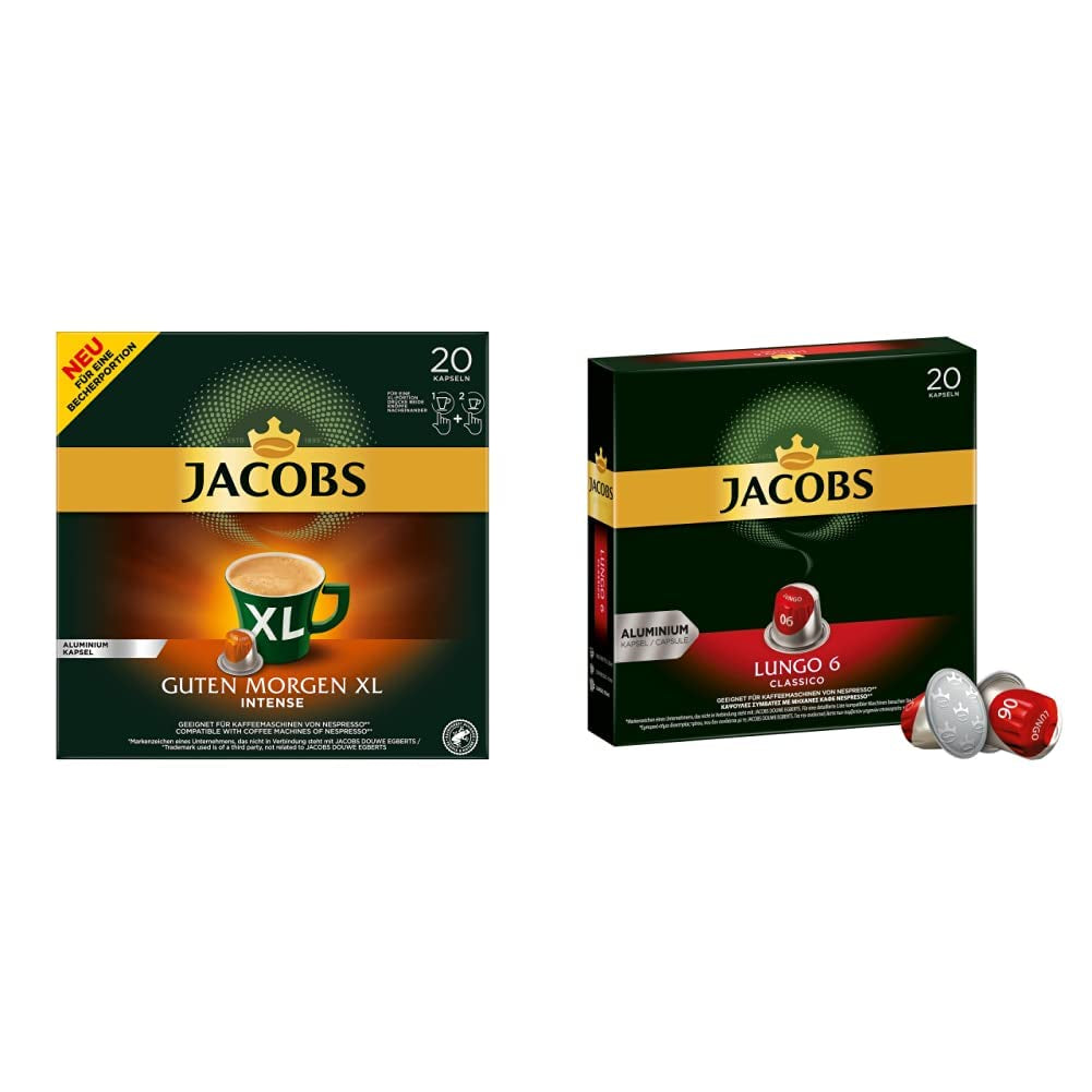 Jacobs Kaffeekapseln Guten Morgen XL Intense - 10er Pack (10 x 20 Getränke) & Kaffeekapseln Lungo Classico, Intensität 6 von 12, 20 Nespresso®* kompatible Kapseln, 10 x 20 Getränke