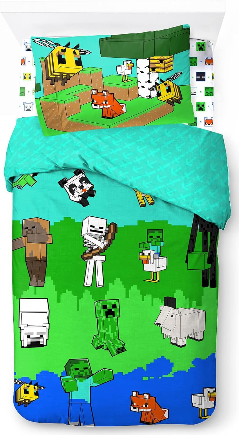 Povlečení pro děti, unisex, princezny a superhrdiny, 100% bavlna Povlečení pro děti Naty Shop Multicolor - Minecraft 135X200/50X70 (3 kusy)