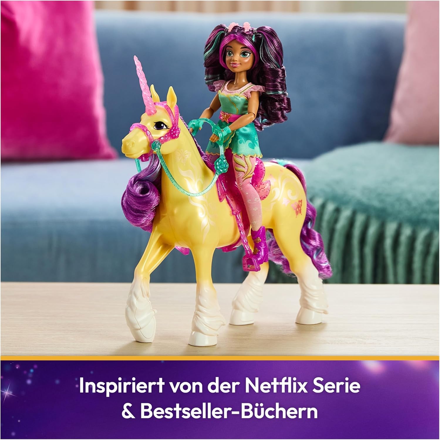 Frunză de Unicorn Unicorn Academy - 28 cm înălțime, unicorn original de Ava din serialul Netflix, cu coamă și coadă reale, frâu și șa detașabile și perie, pentru copii cu vârsta de 4 ani și peste