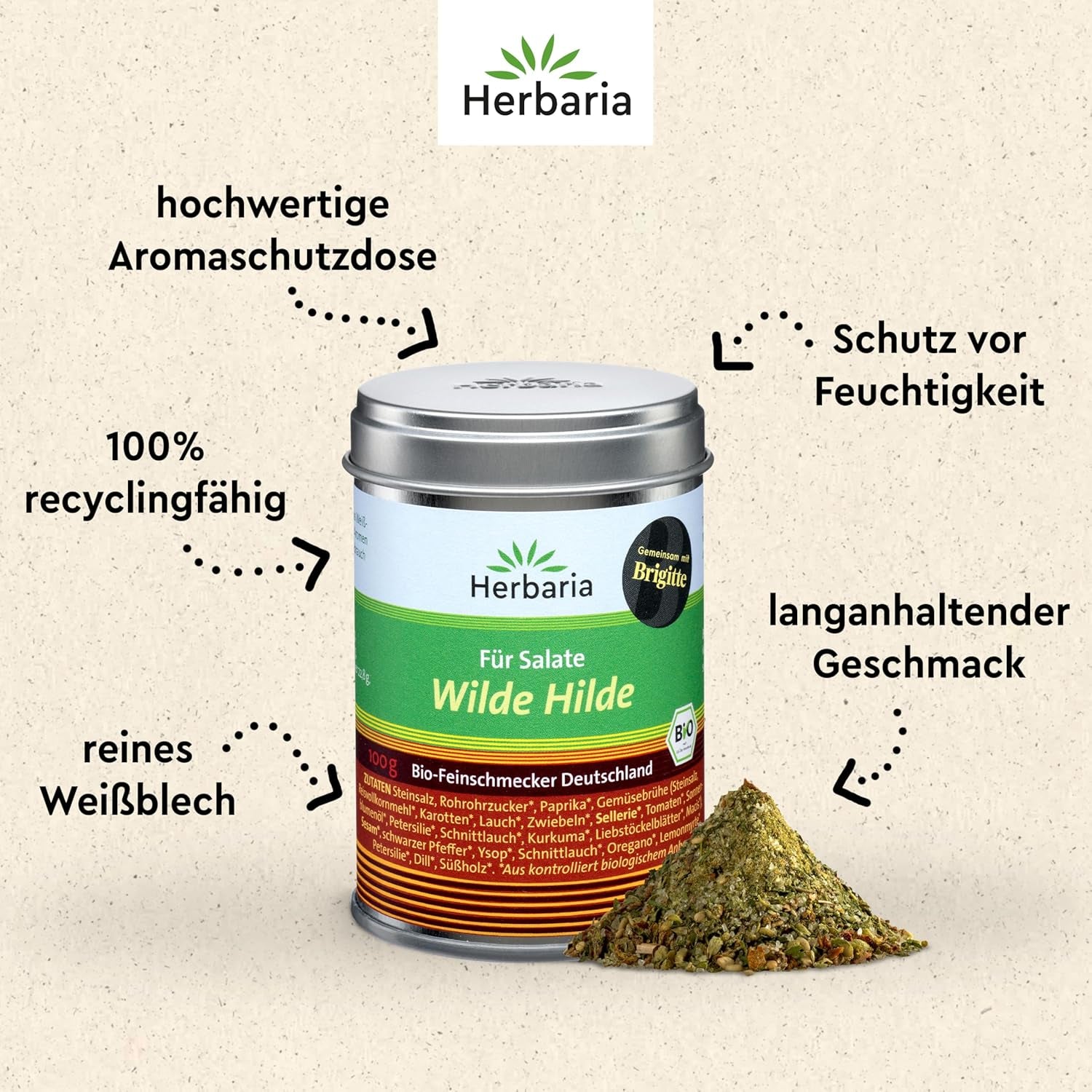 Herbaria Wilde Hilde bio 100g M-Dose-fertige Bio-Gewürzmischung - Saladgewürz für ausgefeilte Salade - mit erlesenen Ingredience - in nachhaltiger Aromaschutz-Dose