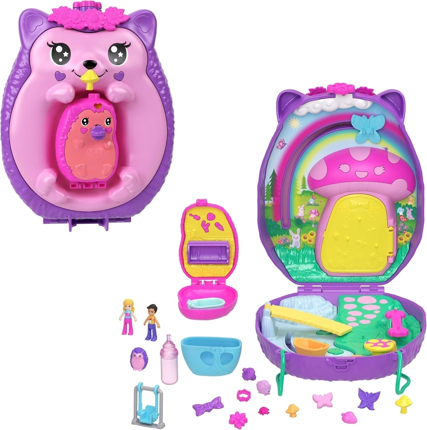 Polly Pocket GKJ64 - Přenosný ananasový kapesní box s 8 zábavnými funkcemi, panenkami Polly a Purple, 2 doplňky a archem samolepek; hračka pro děti od 4 let Pupusi Naty Shop Mamma ježek dítě