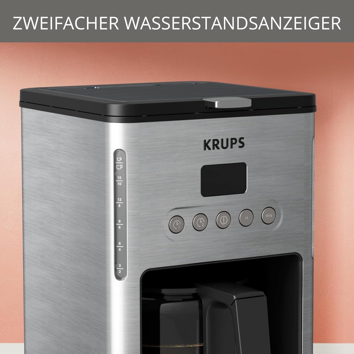 Espressor de cafea cu filtru Krups KM442D Premium | 10-15 cești | 1000 wați | programabil | funcție de menținere la cald | oțel inoxidabil | negru