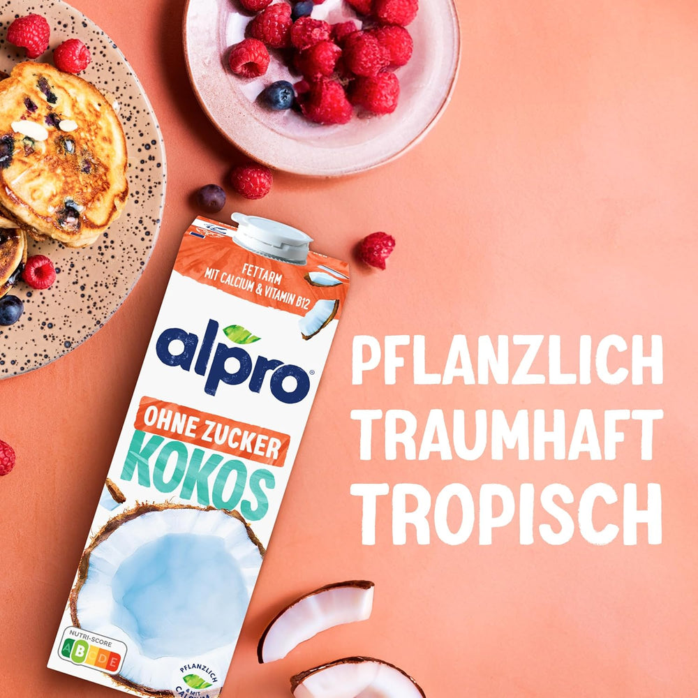 Alpro Kokosnussdrink ohne Zucker – Ohne Süßstoffe – Vegan und Milchfrei – Von Natur aus laktosefrei a fettarm – Bohaté na vápník a vitamíny – 8 x 1 l