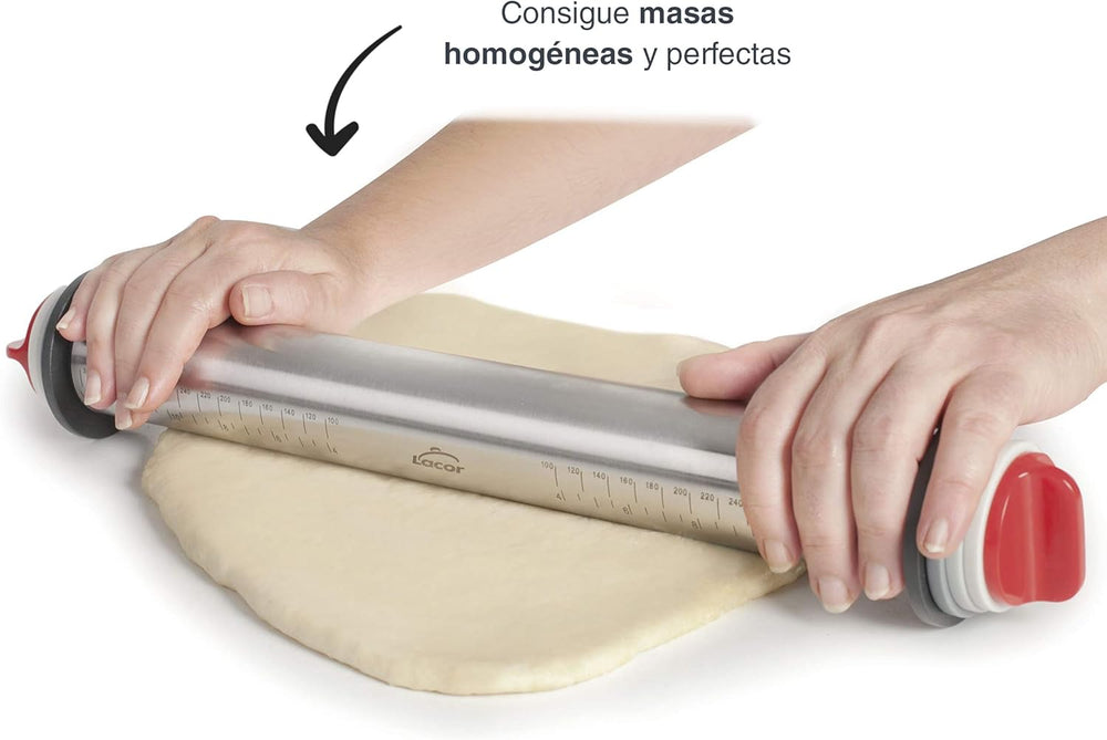 - 67143 - Amasar Küchenroller, 4 abnehmbare Scheiben, Edelstahl, gravierte Messzeichen, Alle Masse, 41,5 cm, Spülmaschinenfreundlich, Grau