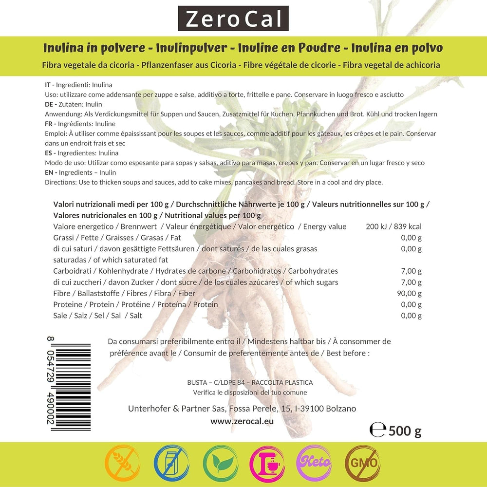 Zerocal - Inulinový prášek z čekanky-wurzel 500 G | Inulin Mit Hohem Ballaststoffgehalt | 100% vegan a bez lepku | Herkunft Deutschland Sweeteners Naty Shop