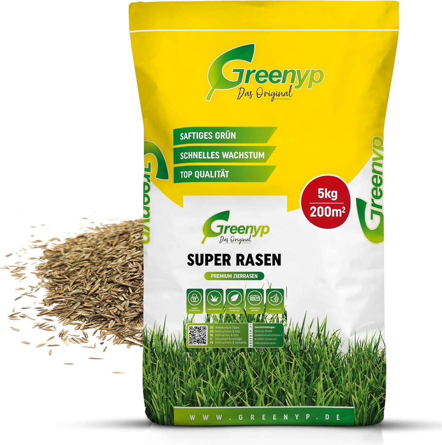 Greenyp® Super Rasen I Sattgrüner Premium Zierrasen Nachsaat I Traumrasen Grassamen Rasensamen Rasensaat Gras Besonders Schnellkeimend 0,2Kg Für 10M²
