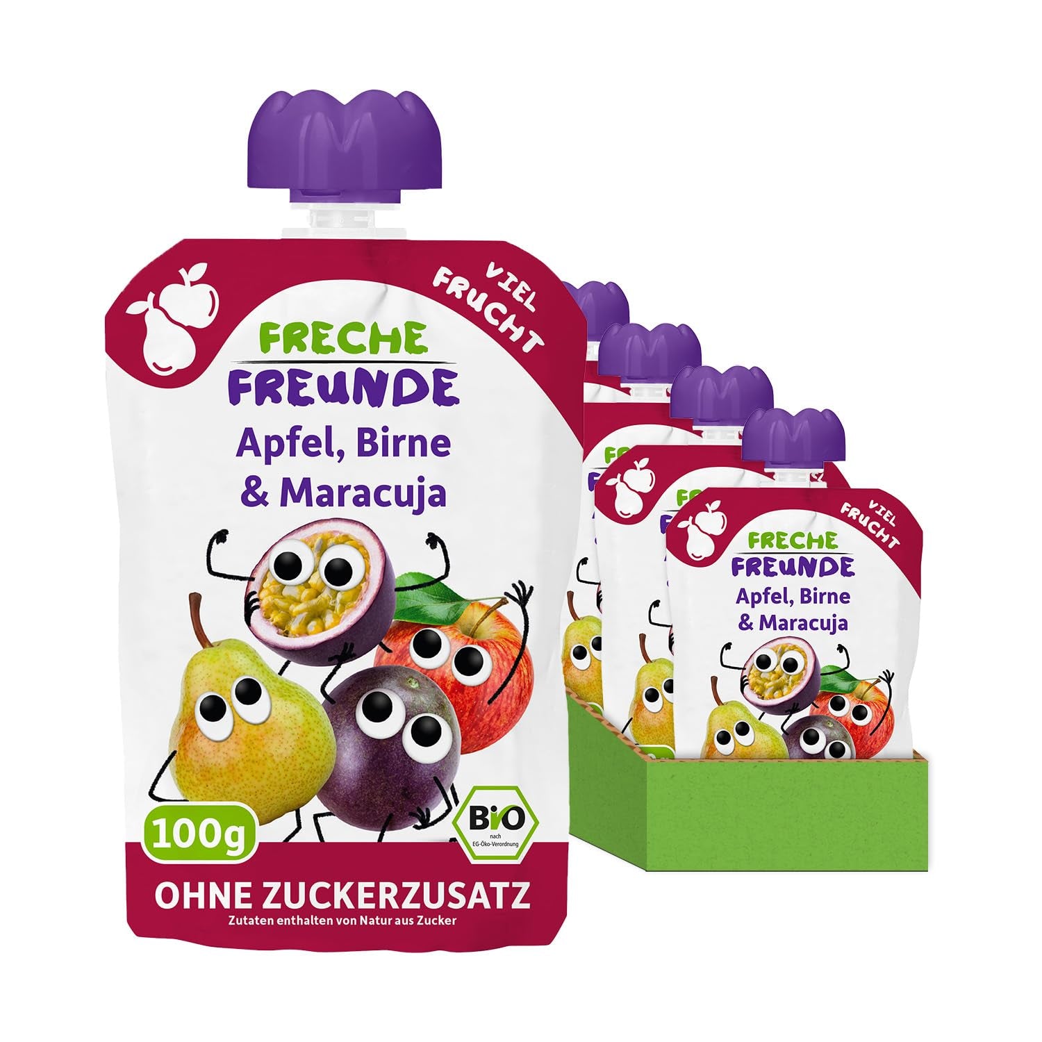 FRECHE FREUNDE Bio Quetschie Jablko, Birne & Maracuja, Fruchtmus mit Obst im Quetschbeutel für Baby from 6. Month, vegan, 6er Pack (6 x 100g)