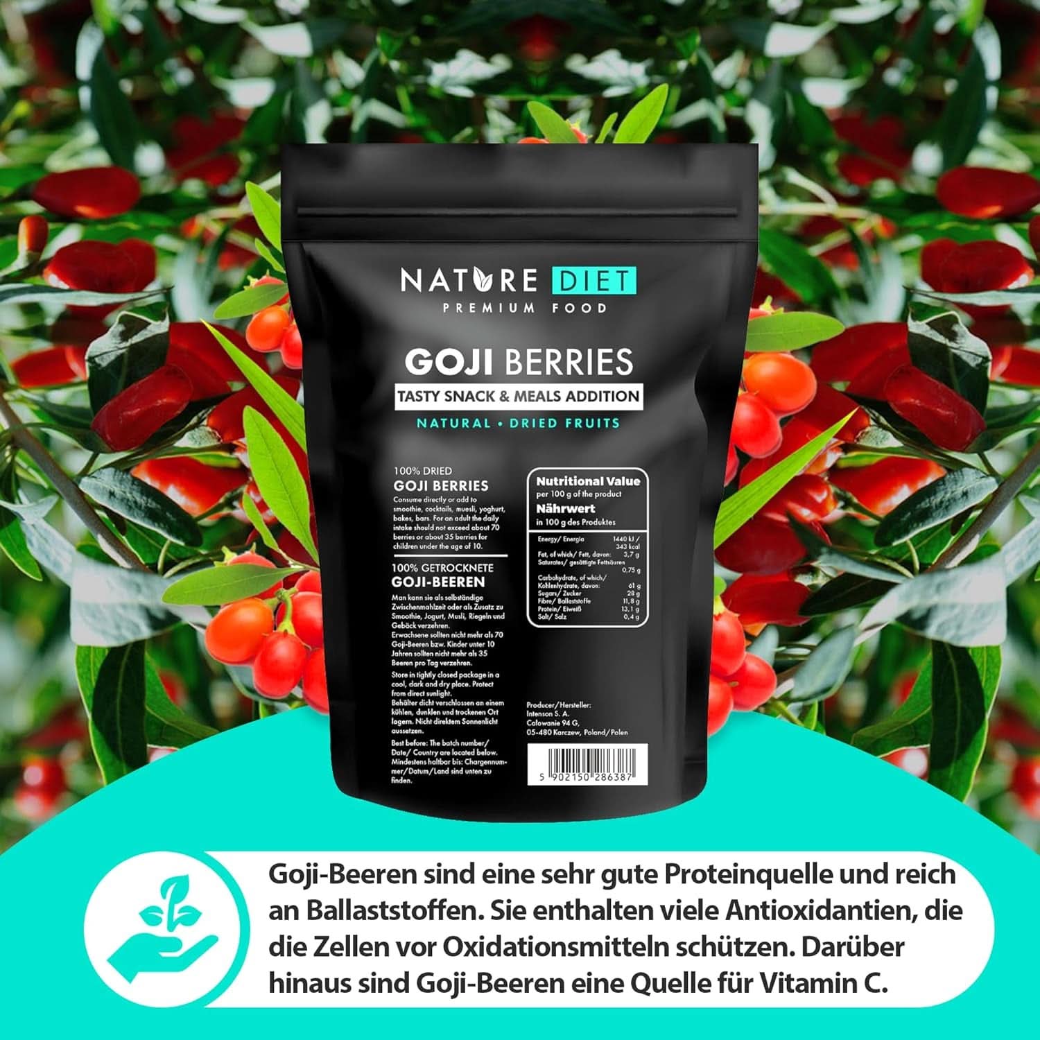Nature Diet - Goji berries 1000 G | Fructe de pădure uscate Produse deshidratate Naty Shop