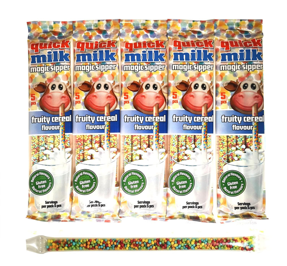 QUICK MILK Ovocná cereálie - Strohhalme für Milch mit Getreide und Früchten, 5 Packung je 5 Trinkhalme (25 Halme)