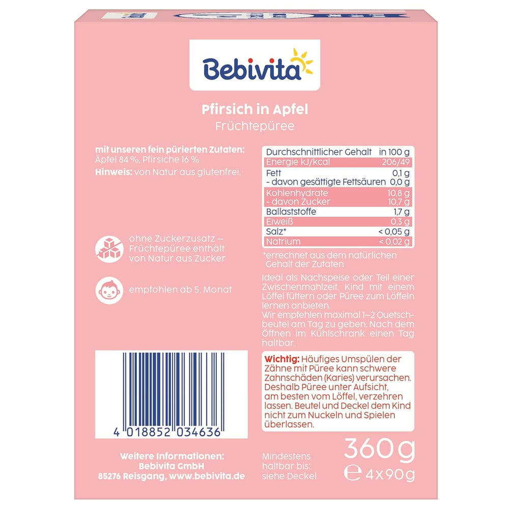 Sáčky s broskvovými jablky – 16 balení (4 balení, každé 4 x 90 g), bez přidaného cukru, bez lepku, veganské, ideální pro děti od 5 měsíců, ideální s sebou
