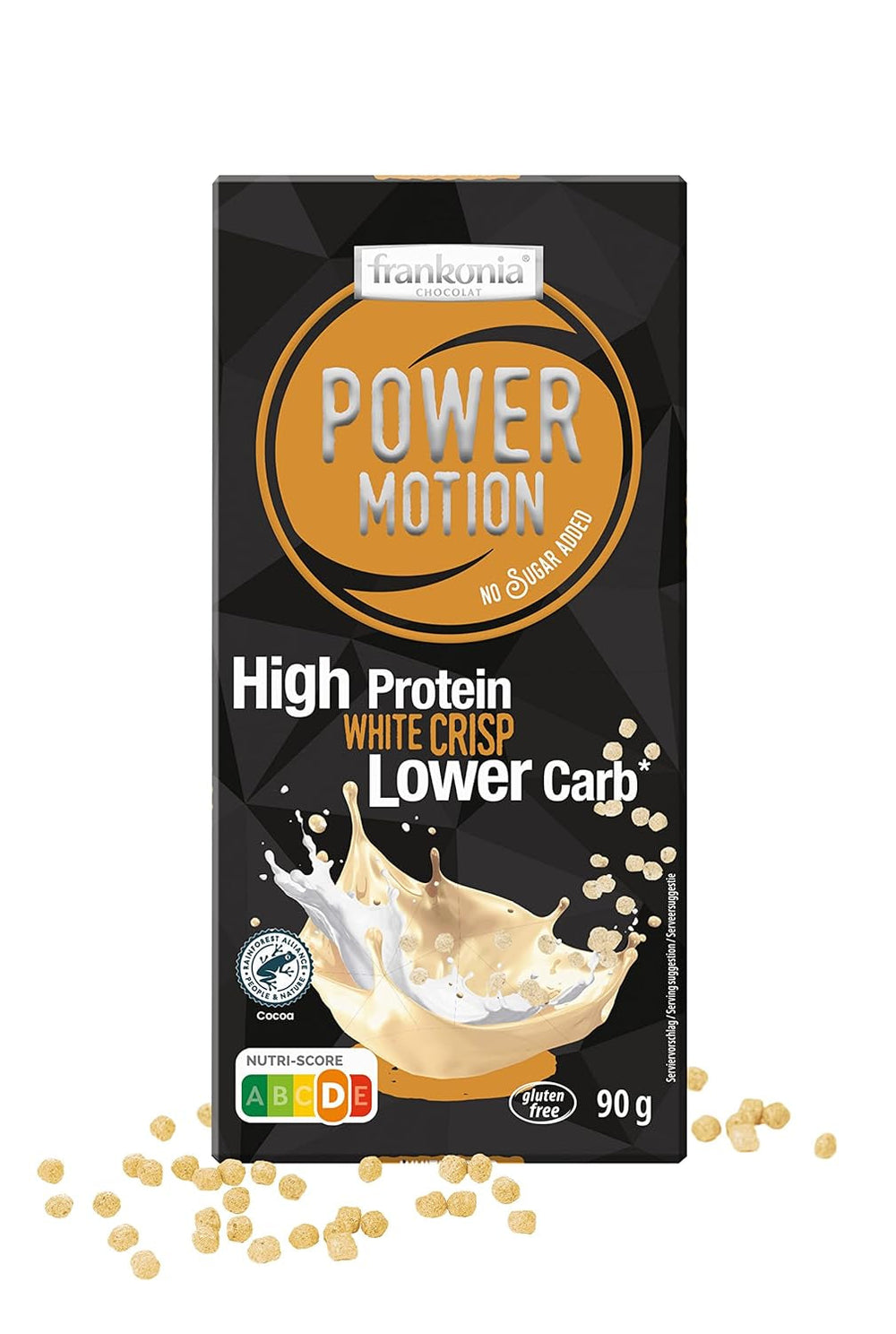frankonia CHOCOLAT POWER MOTION fără zahăr adăugat - Ciocolată albă crocantă cu conținut ridicat de proteine și conținut scăzut de carbohidrați, 90 g