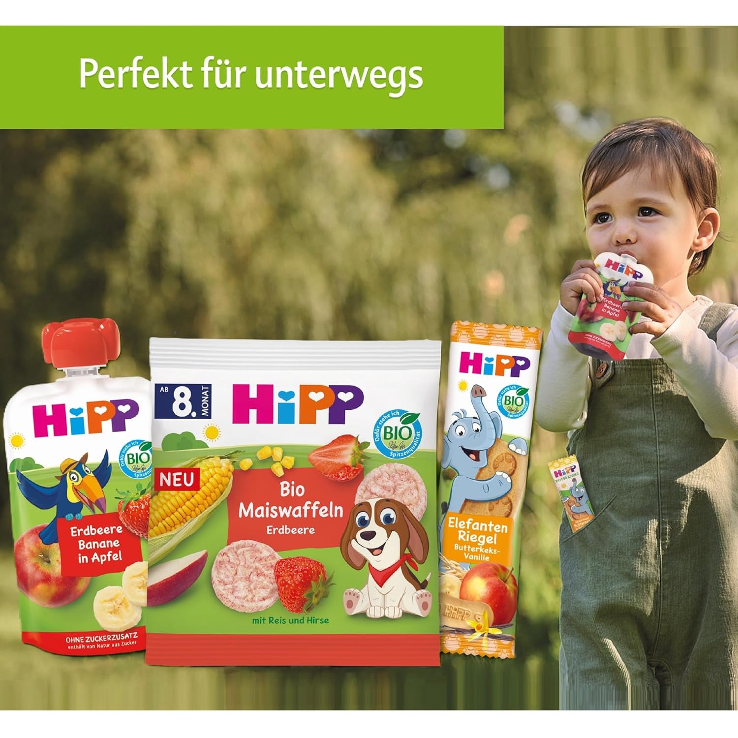 HiPP mačkatelné kapsičky s bio broskvemi a banány v sáčcích s jablky a sušenkami - Felix the líný (8 x 100g), od 1 roku, ovoce s obilovinami, bez přidaného cukru, nejlepší bio kvalita