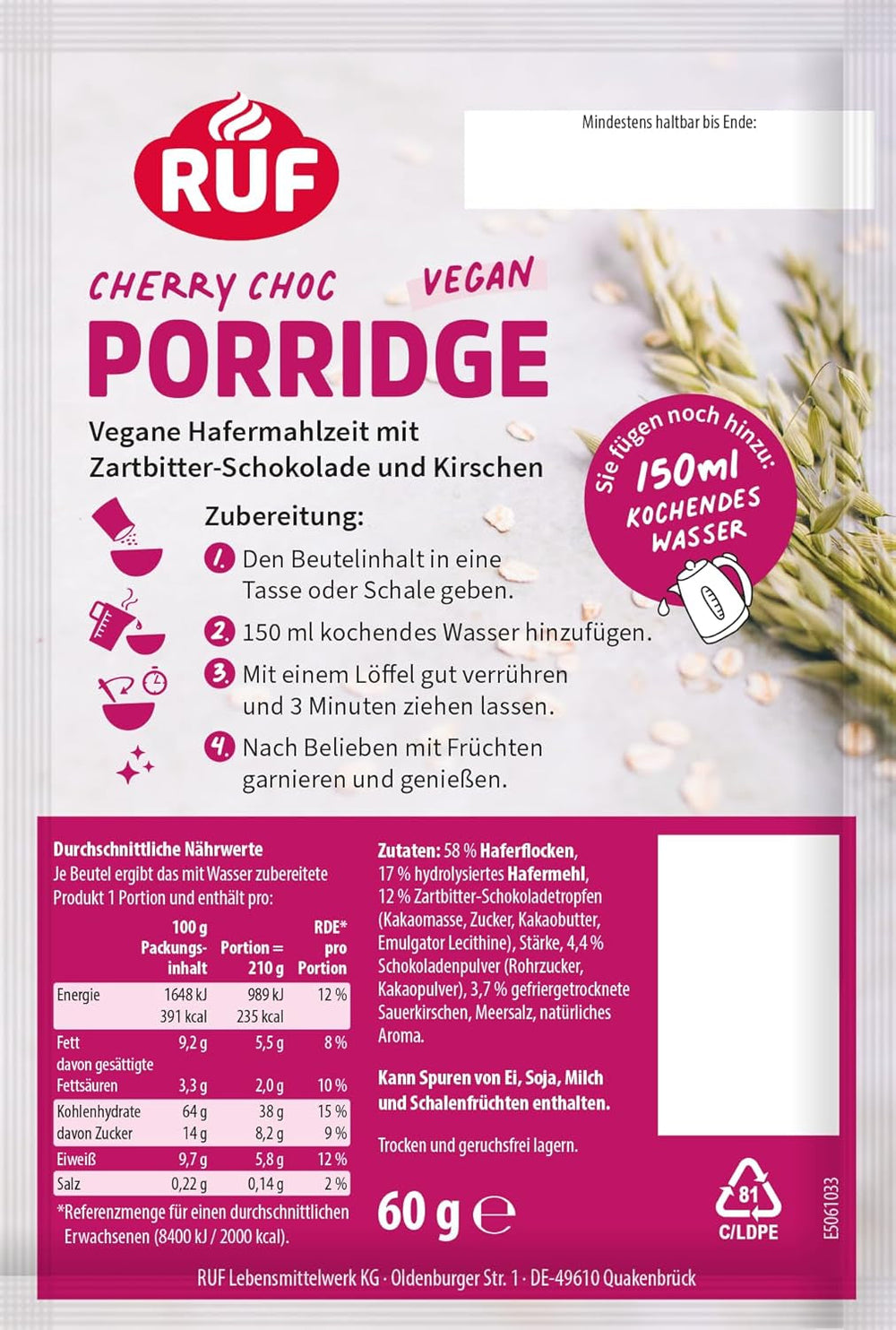 Veganes Porridge Oat Cherry Choc, Oatmal Mit Zartbitter-Schokolade & Kirschen, Einfache Zubereitung, Im Praktischen Portionsbeutel, 1 X 60 G (Packung Mit 3) Cereale Naty Shop