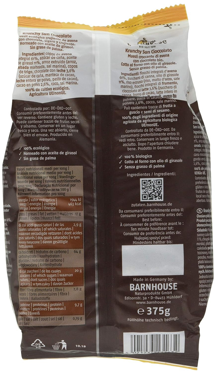 Barnhouse Krunchy Sun | Müsli s čokoládou | Ekologické | Vegetariánská, 375 gramů