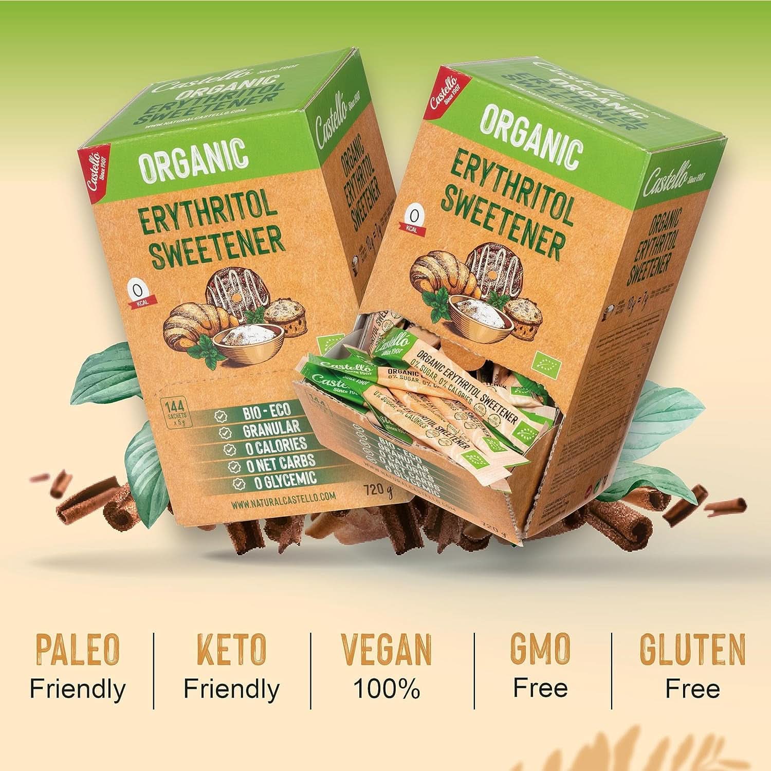 Přírodní organický erythritol | 144 sáčků po 5 G, celkem 720 gramů sladidel Naty Shop