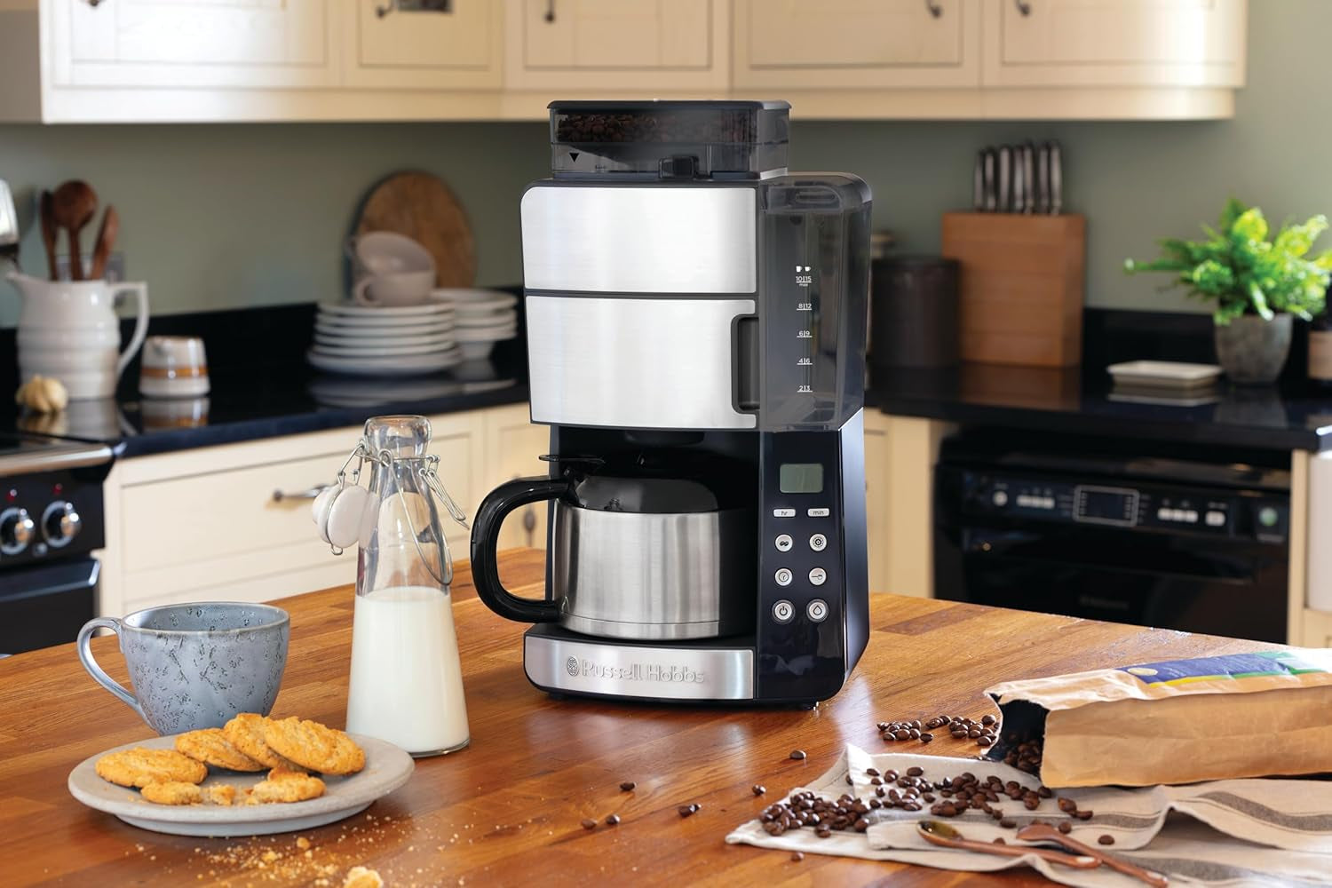 Cafetieră Russell Hobbs cu râșniță și carafă termică [temporizator digital, cap de duș pentru extracție și aromă optime] Grind&Brew (1-10 cești, 3 setări de măcinare) Cafetieră cu filtru 25620-56