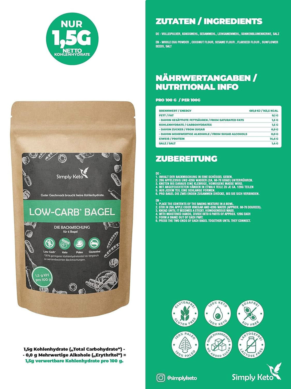Simply Keto Lower Carb* Směs na pečení bagelů pro nižší sacharidy* a ketogenní dietu – bez laktózy a lepku – 335 gramů Naty Shop Kitchen