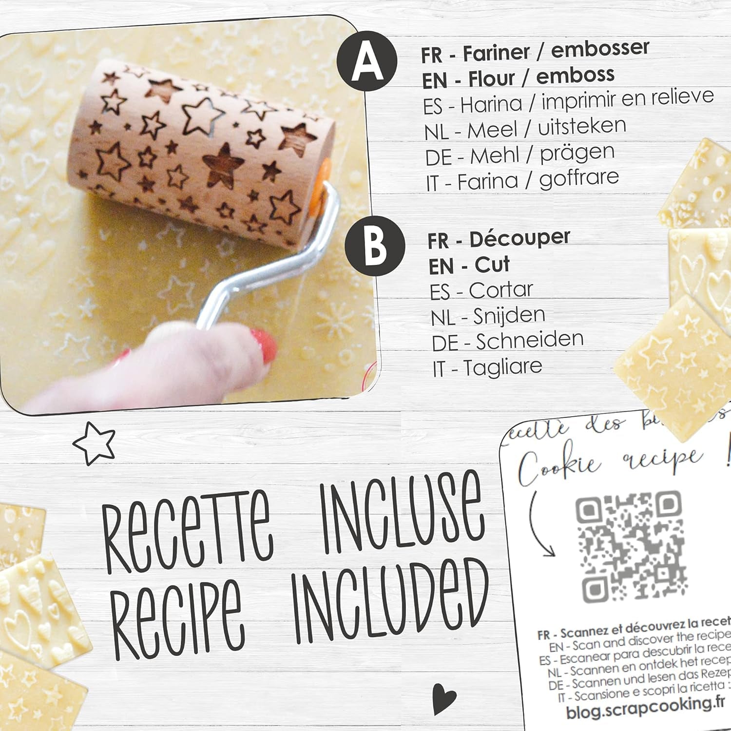 ScrapCooking 3798 Sada vánočního cukroví – 3 Mini-Gebäckrollen aus Holz mit Motiven – Dekos mit Prägung – Form für Kekse, Sandgestrahlt, Kekse