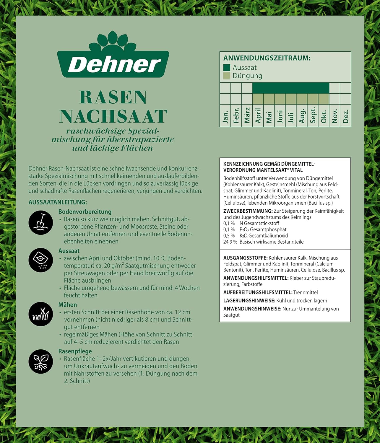 Dehner Saatgut Rasen-Nachsaat, Hochwertige Rasensamen Zur Regeneration Geschädigter Rasenflächen, Schnell Keimend/Pflegeleicht, Mit Mantelsaat Für Optimalen Bodenkontakt, 1 Kg Für Ca. 50 M²
