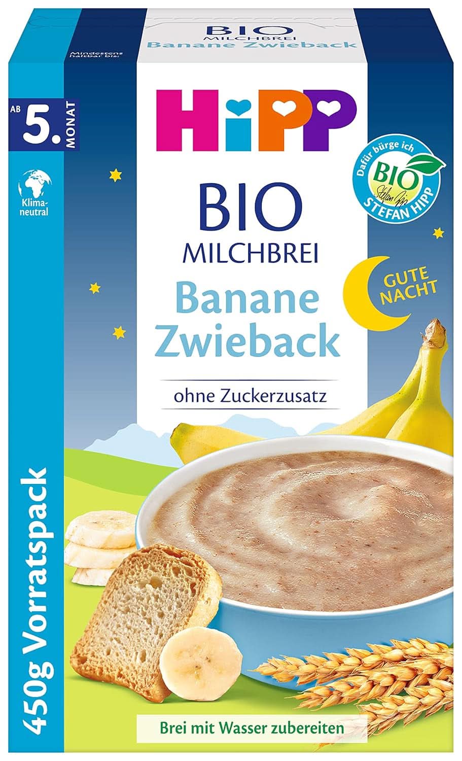 Hipp bio mléčná kaše bez přidaného cukru, krupice a banánu, skladovací balení (4X450 gramů) Mother and Child Naty Shop 4 x 450 gramů Banana Rusk