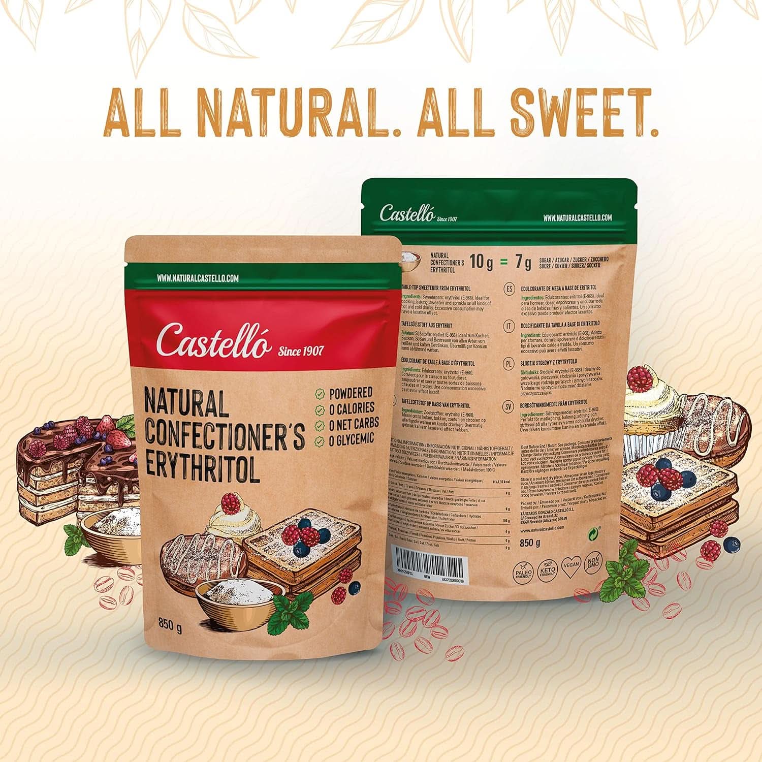 Přírodní erythritol - moučkový cukr | 10G = 7G cukru, 850 gramů Sladidla Naty Shop