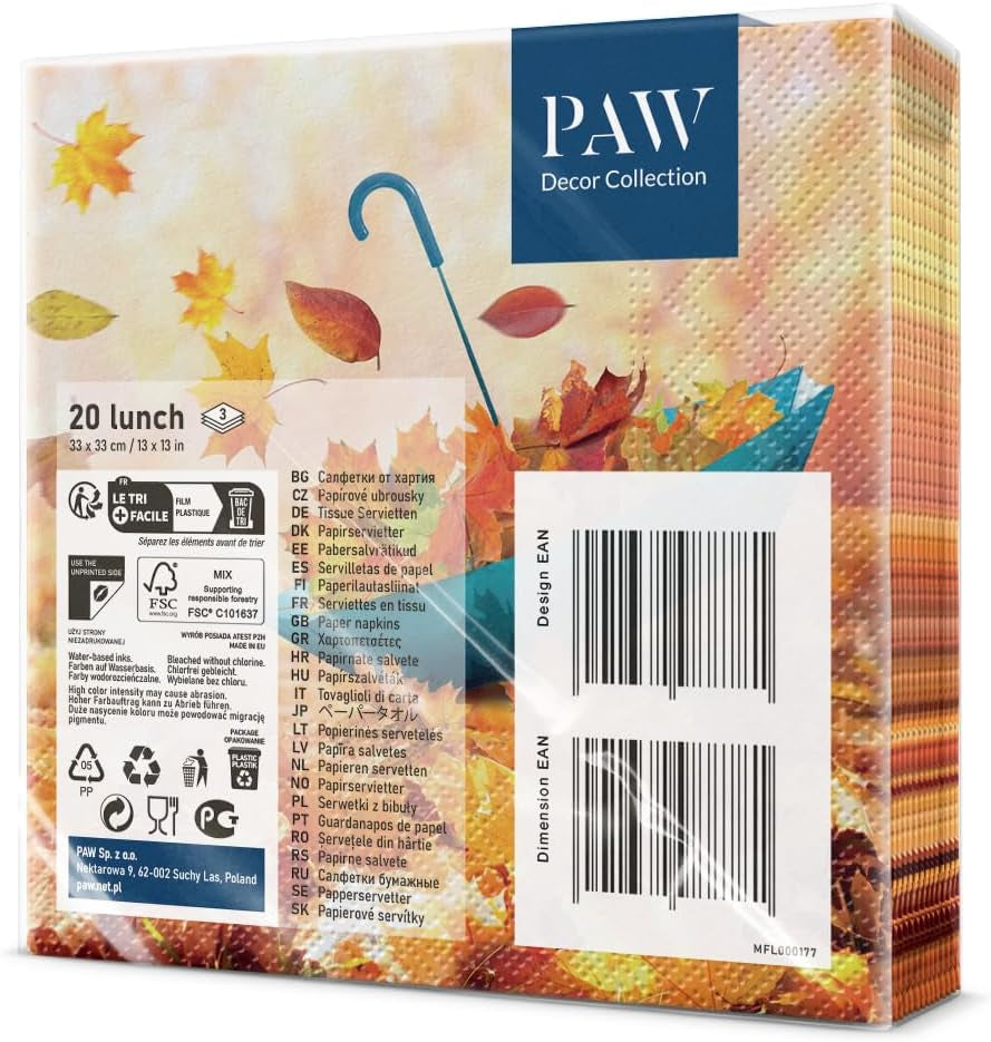 PAW - Șervețele 3 straturi (33 X 33 Cm) I 20 bucăți I Perfect pentru zile de naștere, petreceri, întâlniri I Decorațiuni de toamnă pentru masă I Șervețele de hârtie colorate - frunze de toamnă de umbrelă I Frunze de umbrelă