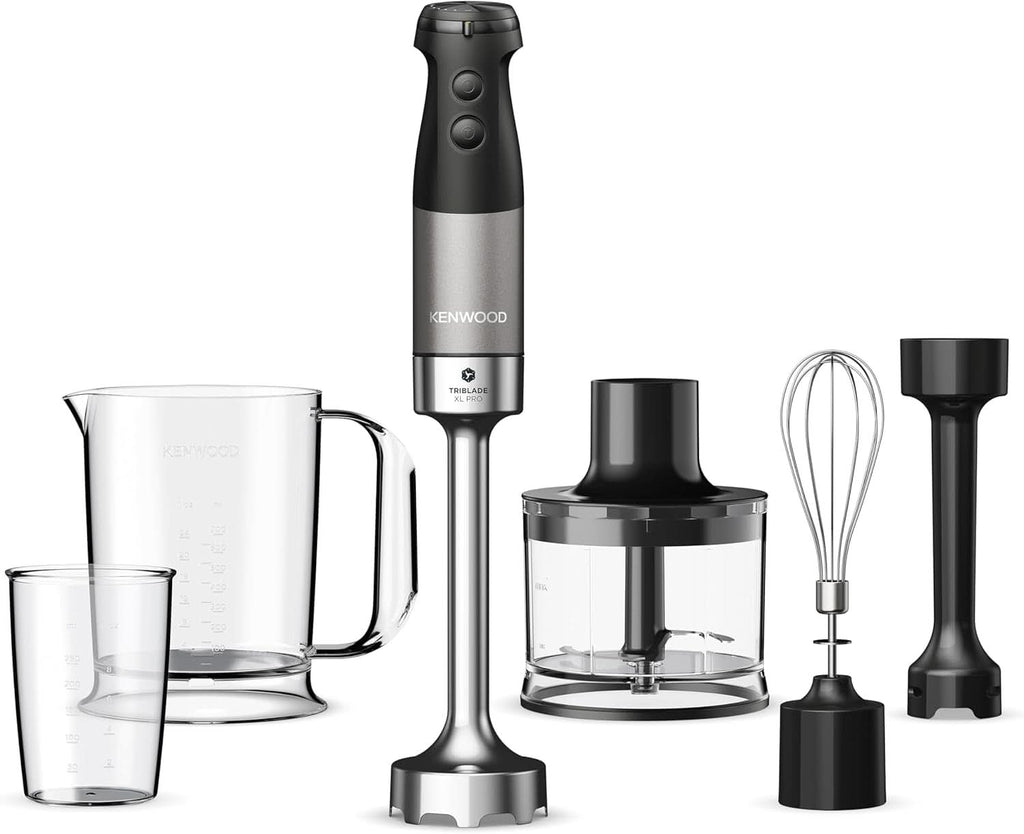 Kenwood Triblade XL Pro Stabmixer HBM80.322BK, 1200W, Variable Geschwindigkeiten, Edelstahl(Pürierfuß), Schneebesen, Emulgieraufsatz, 500Ml Zerkleiner, 700 & 250Ml Becher, Spülmaschinenfeste Teile Bucatarie Naty Shop Schwarz Hbm80.322Bk