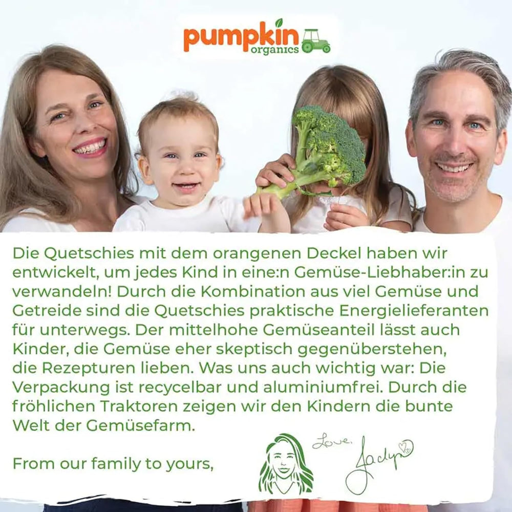 Pumpkin Organics Bio Gemüse-Getreide-Quetschie Kürbis, Birne, Apfel, Pflaume, Hafer ohne Zuckerzusatz¹ - ab 8 Monaten - als Snack nebo Beikost für unterwegs (100 g)
